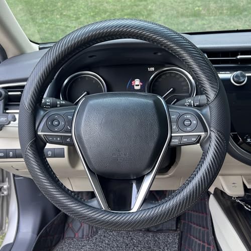 Steering Wheel Cover Universal Standard Size 14.5-15 inch, Breathable Microfiber Leather, Anti-Slip, Non-Folding Packaging, Fits Most Cars SUVs Trucks, Black with Carbon Fiber - color: Black with Carbon Fiber, size: Round Shaped: Medium 14 1/2''-15''