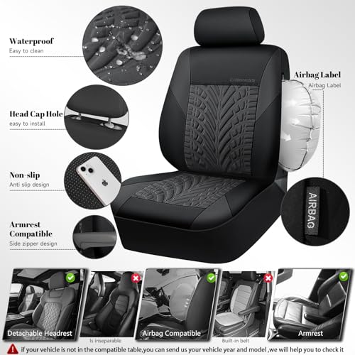 CAR PASS Neoprene Waterproof Seat Covers Two Front, Wetsuit Car Seat Covers 2pcs Universal Fit for Vans, Truck, SUV, 3D Tyre Embossed Seat Covers Anti Slip with Armrests, Aibag Compatible(Black Gray) - color: Black and Charcoal Neoprene, size: Two Front