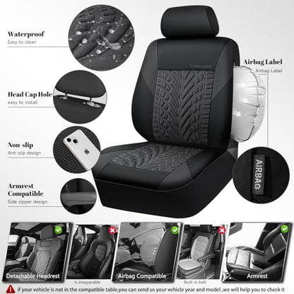 CAR PASS Neoprene Waterproof Seat Covers Two Front, Wetsuit Car Seat Covers 2pcs Universal Fit for Vans, Truck, SUV, 3D Tyre Embossed Seat Covers Anti Slip with Armrests, Aibag Compatible(Black Gray) - color: Black and Charcoal Neoprene, size: Two Front