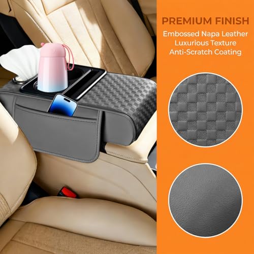 Car Center Console Armrest Pillow, 5-in-1 Armrest Box Cover with Cup Phone Holder & Storage Pocket Tissue Box, Multifunctional Auto Middle Console Arm Rest Protector, Universal Fit (Gray) - color: Gray