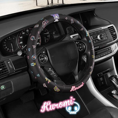 Sanrio Hello Kitty and Friends Kuromi Black Car Steering Wheel Cover, Universal Fit Cute Accessories for Women Stylish Decor Gifts Hello Kitty Accessories - Fits Standard Wheels 14.5"-15" - style: Kuromi Black