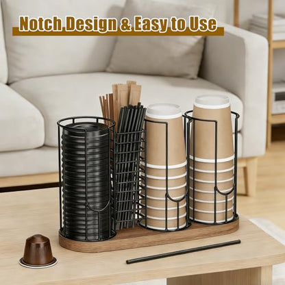 Coffee Cup Dispenser Rack with Wood Base, 18oz Cup Holder Organizer for Storing Paper Cups, Straws, Lids and Disposable Tableware(4-compartment) - color: Black 4-Compartment