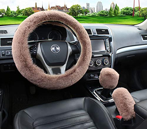 Pinbola 5pcs in 1 Set Faux Wool Steering Wheel Cover Soft Fluffy Handbrake Cover & Gear Shift Cover & 2pcs Seat Belt Shoulder Pads Warm Universal Fit for 15 Inch (Tan) - color: Tan