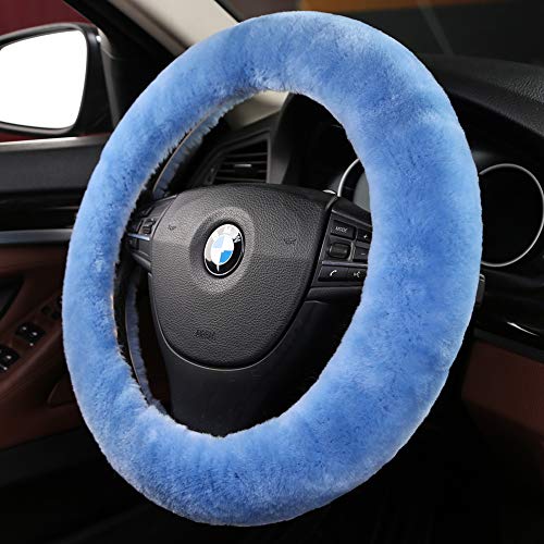 Fuzzy Fluffy Soft Wool Sheepskin Fur Blue car Steering Wheel Cover for Adults Girls Women Men Protector Universal 14 1/2-15 1/2inchs (Sky Blue) - color: Sky Blue