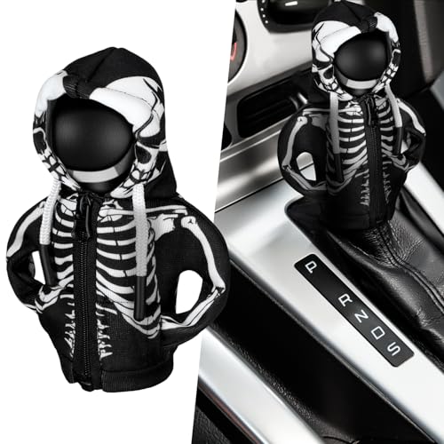 Wonderjune Christmas Car Gear Shift Hoodie Decoration Halloween Funny Gear Shift Cover Mini Universal Knob Hoodie Cover for Automotive Car Interior Accessories Gadgets Gift(Black,Skull) - color: black, white, style: Skeleton