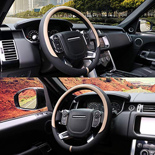 Breathable Car Steering Wheel Cover 16 inch Auto Universal Leather Wrap Non-Slip Steeringwheel Protector Automotive Interior Accessories, Beige (Suit for 15 1/2-16 inch) - color: A-Beige, size: L (15.5"-16")
