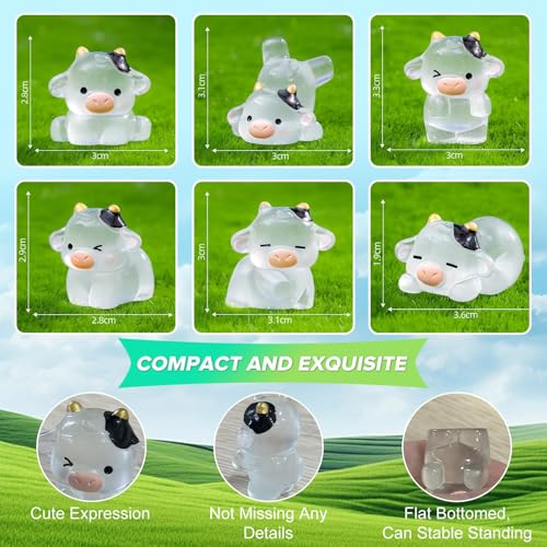 6Pcs Cute Luminous Cow Car Dashboard Decor Set- Cars Rearview Mirror/Dashboard/Touchscreen Top Funny Adorable Auto Rear View Mini Cows Ornament (Clear White)