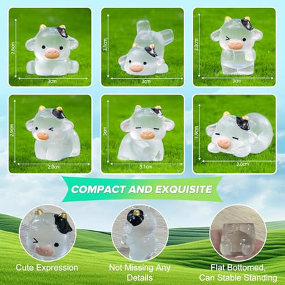 6Pcs Cute Luminous Cow Car Dashboard Decor Set- Cars Rearview Mirror/Dashboard/Touchscreen Top Funny Adorable Auto Rear View Mini Cows Ornament (Clear White)