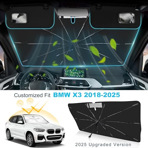 Windshield Sun Shade Umbrella Compatible with BMW X3 2018-2025, Upgraded Titanium Silver Sunshade with 360° Bendable Handle & Rearview Mirror Cutout, Reflective UV Heat Insulation - size: For BMW X3 2018+