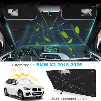 Windshield Sun Shade Umbrella Compatible with BMW X3 2018-2025, Upgraded Titanium Silver Sunshade with 360° Bendable Handle & Rearview Mirror Cutout, Reflective UV Heat Insulation - size: For BMW X3 2018+