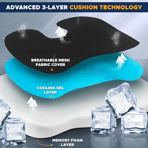 EcoNour Gel Seat Cushion – Office Chair Cushions for Sciatica & Tailbone Pain Relief – Coccyx Memory Foam Desk Chair Support & Car Seat Cushion – Back Pain Relief Pillow for Long Sitting - color: Black