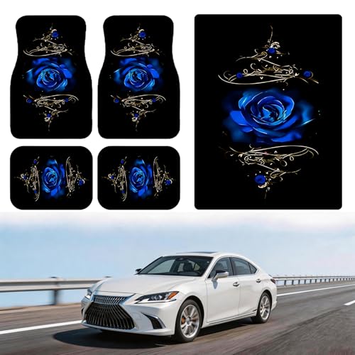 Universal Fit Car Floor Mats & Trunk Mat Set of 5Pcs, Blue Rose Print All-Weather Front Rear Floor Mats with Cargo Liner, Non-Slip Car Mats Cargo Mat Automotive Accessories for Cars Trucks SUVs