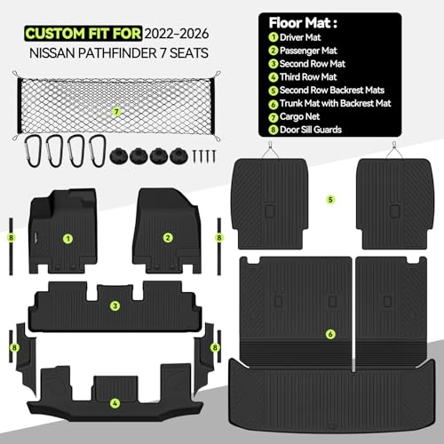 Tongama-Floor Mats for 2022-2026 Nissan Pathfinder 7 Seat with Bucket Seats, All Weather TPE Trunk Mat with Backrest Mat & 2nd Row Backrest Mats & Cargo Net & Full Coverage Door Sill Guards Kit