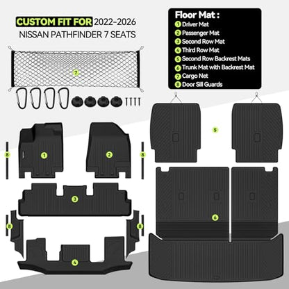 Tongama-Floor Mats for 2022-2026 Nissan Pathfinder 7 Seat with Bucket Seats, All Weather TPE Trunk Mat with Backrest Mat & 2nd Row Backrest Mats & Cargo Net & Full Coverage Door Sill Guards Kit