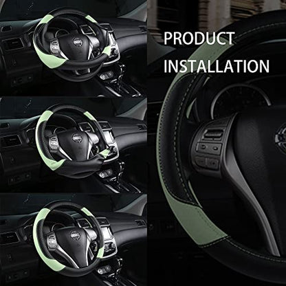 Leather Car Steering Wheel Cover, Non-Slip Car Wheel Cover Protector Breathable Microfiber Leather Universal Fit for Most Cars (Green) - color: Green
