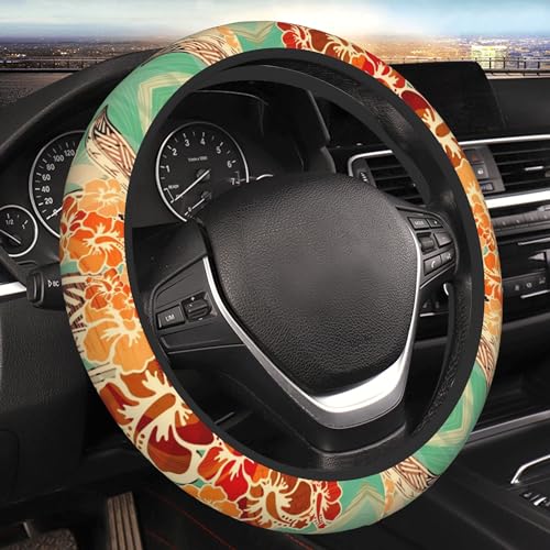 Hawaiian Island Tropical Car Steering Wheel Cover for Women Men 14-15 Inch Stretch Cloth Anti-Slip Wrap Protector Case Fit Universal Auto Accessories Decor Sweat Absorption - color: Hawaiian Island Tropical Print
