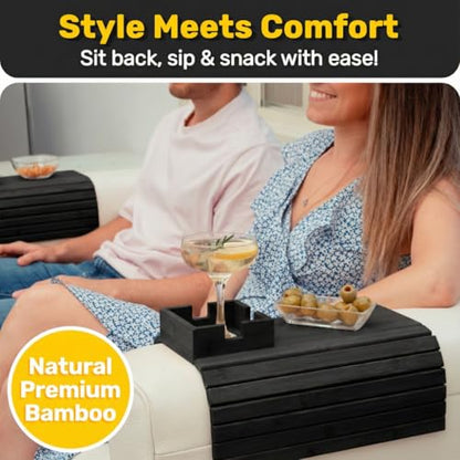 Bamboo Couch Holder - Non-Slip Furniture Protector, Sofa Armrest Table for Mugs & Tumblers – Weighted 16” Large Black Bamboo Holder for Recliners and Loveseats - color: Black