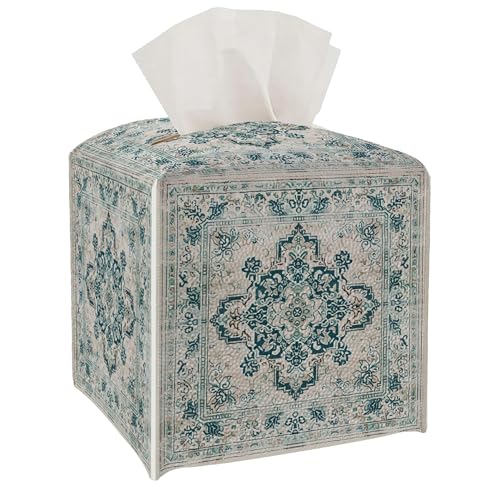 Tissue Box Cover Holder Square - Vintage Boho PU Leather Decorative Organizer, Ethnic Carpet Pattern Design Inspired, with Bottom Belt for Bathroom Car Office Tabletop Home, 5x5 Inch (Green&White) - color: Green&white