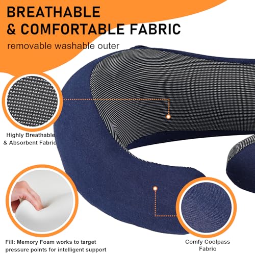 Travel Pillow - Hooded Neck Pillow Airplane Memory Foam Filling for Plane, Office, Cars Sleeping, Road Trip, Long Flights, Airplane Travel Essentials, Includes Eye Mask & Earplugs (Navy) - color: Navy