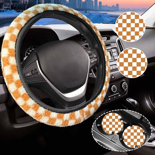 Yellow and White Checkered Fuzzy Steering Wheel Cover for Women, Universal Auto Steering Wheel 14-15 Inch Soft Warm Car Interior Accessories with 2PCS Car Coasters, Suitable for Men and Women - color: Brown rice white