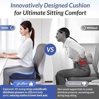 Gel Seat Cushion for Office Chair and Car Seat with Ergonomic Zoning, Memory Foam Chair Cushion for Sciatica, Lower Back, Tailbone Pain Relief and Intimate Ventilation, Non-Slip & Airy Cover
