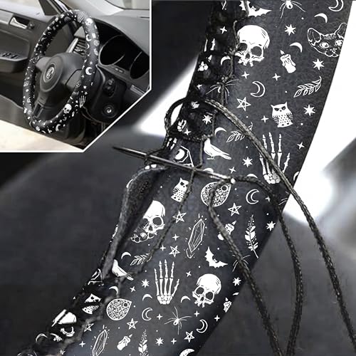 Tallew 26 Pieces Skeleton Cat Moon and Stars Car Seat Cover Full Set for Women Men Rubber Steering Wheel Cover License Plate Frame Mirror Covers Moon and Stars Car Accessories for SUV Truck(Skeleton)