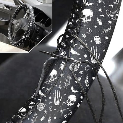Tallew 26 Pieces Skeleton Cat Moon and Stars Car Seat Cover Full Set for Women Men Rubber Steering Wheel Cover License Plate Frame Mirror Covers Moon and Stars Car Accessories for SUV Truck(Skeleton)
