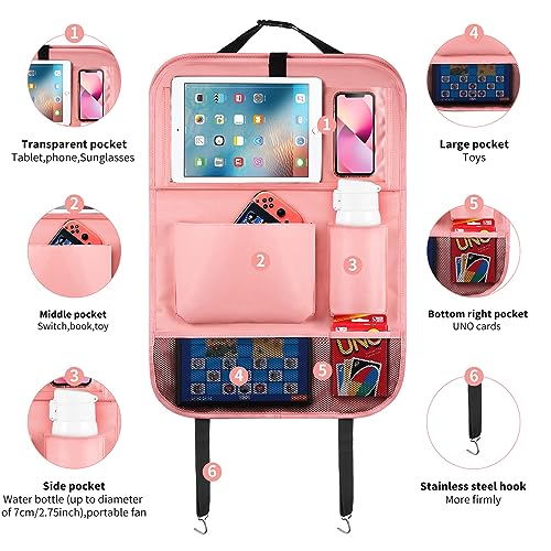 Car Backseat Organizer with Tablet Holder-2 Pcs,6 Storage Pockets Car Storage Organizer with Foldable Food Tray,Protectors Kick Mats Travel Accessories-Pink - color: Champagne Pink, size: 2 Pack with Food Tray