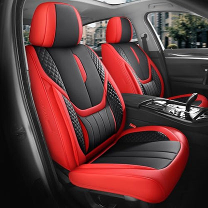 Car Seat Covers Full Set - Universal Seat Covers for Cars SUV Truck – Faux Leather Automotive Seat Covers, Breathable & Waterproof Front and Rear Seat Protectors, Fit for Most Cars-Redblack - color: Red