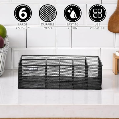 Paper Plate Organizer for Countertop, Metal Silverware Caddy with 6 Compartments for Cup, Napkin, Utensil Holder Caddy for Party, Camping, Picnic