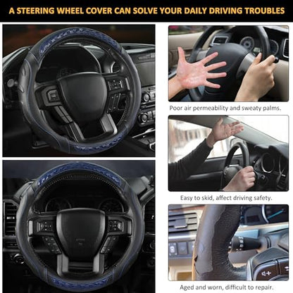 Black Seal Custom-Fit Steering Wheel Cover for Ford F-150, F-250, F-350, Expedition, 15.5–16", Anti-Slip PU Leather (Black+Blue) - color: Black+Blue