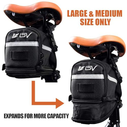 BV Strap-On Bike Bag with Reflective Material - Saddle Bag with Seperate Divider for Small Items for All Your Essentials - Bike Pouch with Taillight Hanger for Maximum Safety - size: Large, style: Cycling Bag