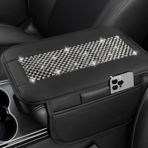 NBTEPEM Bling Car Armrest Cover, Universal Microfiber Leather Center Console Cover with 2 Pockets, Rhinestone Car Armrest Cushion Protector, Bling Accessories Interior (Black Diamond) - color: Black Diamond