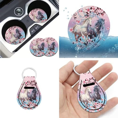 12 Pcs Pink Cherry Blossom Horse Car Seat Covers Full Set,Car Protectors,Universal Fit Front Back Seat Cushion/Seatbelt/Steering Wheel Cover/Anti Slip Coaster/Keychains for Cars SUV Truck