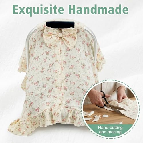 Muslin Baby Car Seat Cover, Handmade Infant Car Seat Cover with Cute Bow & Ruffle Hem Design, Multi-Use Carseat Canopy for Privacy Nursing, Summer Baby Carrier Cover Stroller Sun Protector - color: Flower