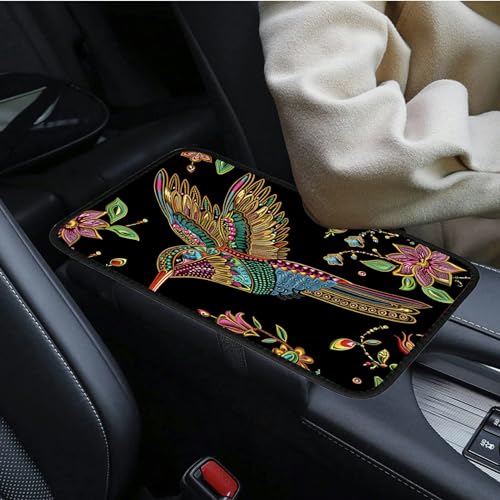Universal Auto Center Console Pad and 2Pcs Car Coasters Set, Anti Slip Soft Neoprene Car Armrest Seat Box Cover Protector Universal Fit - Car Interior Accessories, Hummingbird Flower - color: 491