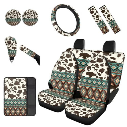 Dreaweet Aztec Cow Car Seat Covers Full Set for Women,Southwestern Car Accessories Interior,Native American Steering Wheel Cover with Center Console Cover,Seat Belt Pads,Car Coasters,Gear Shift Cover - color: Aztec Cow