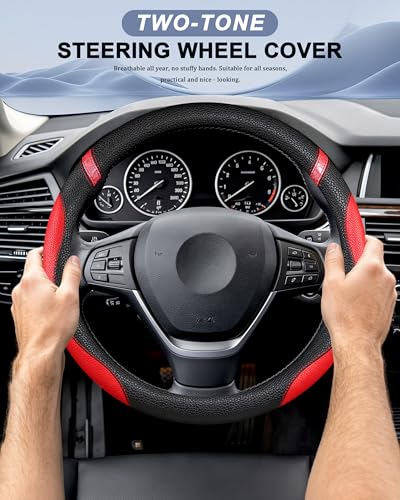 Steering Wheel Cover for Women Leather Universal Steering Wheel Cover for Car 15 inch (Red) - color: Red