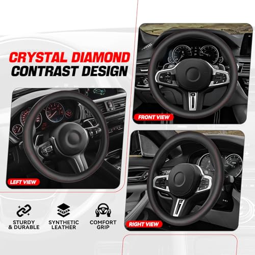 Auto Dynasty Steering Wheel Cover, Breathable Microfiber Leather Car Steering Wheel Protector with Red Stitched, Anti-Slip Inner Rubber Lining, [14 1/2 to 15 Inches] Universal Fit Cars Trucks SUVs - color: Stitched Red A
