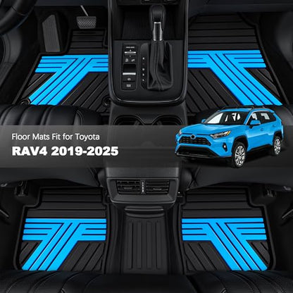 All Weather Floor Mats Custom Fit for Toyota RAV4 2019-2025 Waterproof Heavy Duty Anti-Slip Car Mats, 1st & 2nd Row Black & Blue - color: Black & Blue