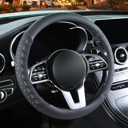 3D Premium Skin-Feel Leather Small Car Steering Wheel Cover, Anti-Slip Breathable Soft Slim Design, 13.5 inch to 14 inch, Black with White - color: Black with White, size: Round-Small[13.5''-14'']