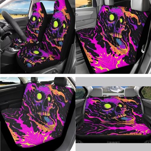 Skull Graffiti Splash Print Violet Black 15 Pcs Car Seat Cover Full Set, Universal Car Accessory Set Seat Covers Steering Wheel Cover Seat Belt Covers Car Headrest Cover Car Coaster - color: Skull Graffiti Splash Print Violet Black