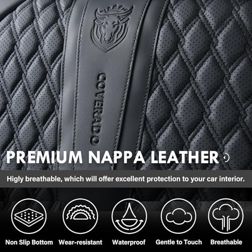 Coverado Front Seat Covers, Car Seat Covers Front Seats, Nappa Leather Seat Covers for Cars, Waterproof Seat Covers with Lumbar Support Universal Fit for Most Cars SUV Trucks (Front, Black)