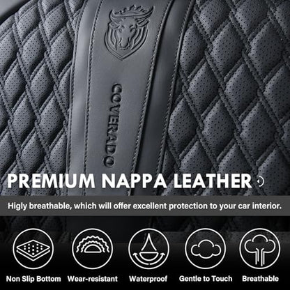 Coverado Front Seat Covers, Car Seat Covers Front Seats, Nappa Leather Seat Covers for Cars, Waterproof Seat Covers with Lumbar Support Universal Fit for Most Cars SUV Trucks (Front, Black)