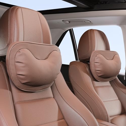 Car Neck Pillow [No More Pressure] Soft Comfortable Premium Leather Headrest with Adjustable Strap – Ergonomic Support for Driving, Office & Gaming, Brown, 2 Pack - color: Brown, size: Headrest-2P