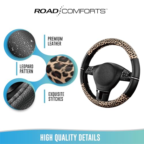Road Comforts Leopard Steering Wheel Cover - Made with PVC Leather Cheetah Print - Anti-Slip, Universal Fit 14 1/2 inches to 15 inches - Black