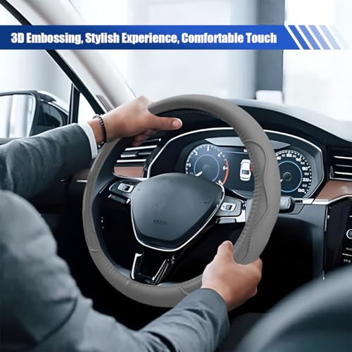 Car Steering Wheel Cover, 15 Inch Leather Anti-Slip Breathable Automotive Steering Wheel Protector, Universal Heat Resistant Vehicle Interior Accessories Cars, SUVs, Trucks(Gray) - color: Gray
