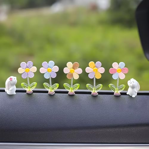 7PCS Cute Car Dashboard Decorations, Shaking Spring Flower & Funny Bunny Vehicle Center Console Ornament, Automotive Rearview Mirror Decor for Men Women, Universal Fit