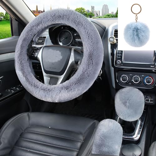WenMei 4PCS Set Fluffy Steering Wheel Covers with Handbrake Cover&Gear Shift Cover&Plush Keychain Furry Steering Wheel Cover for Women Girl Fashion Warm Car Wheel Protector Fit Most Car (Gray Blue) - color: Gray blue