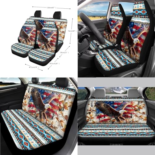 Wanyint Car Seat Covers Front Rear Full Set Steering Wheel Seat Belt Pads Coasters Waste Bin Armrest Pad Cup Holders Rearview Mirror Handbrake Cover Set, 14 Pack, Aztec Eagle American Flag - color: Aztec Eagle American Flag